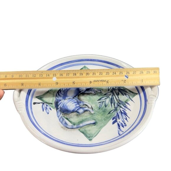 Hand Made Folk Art RedWare Dish Platter Blue Cat Kitty With Handles Marked VTG - Picture 4 of 9